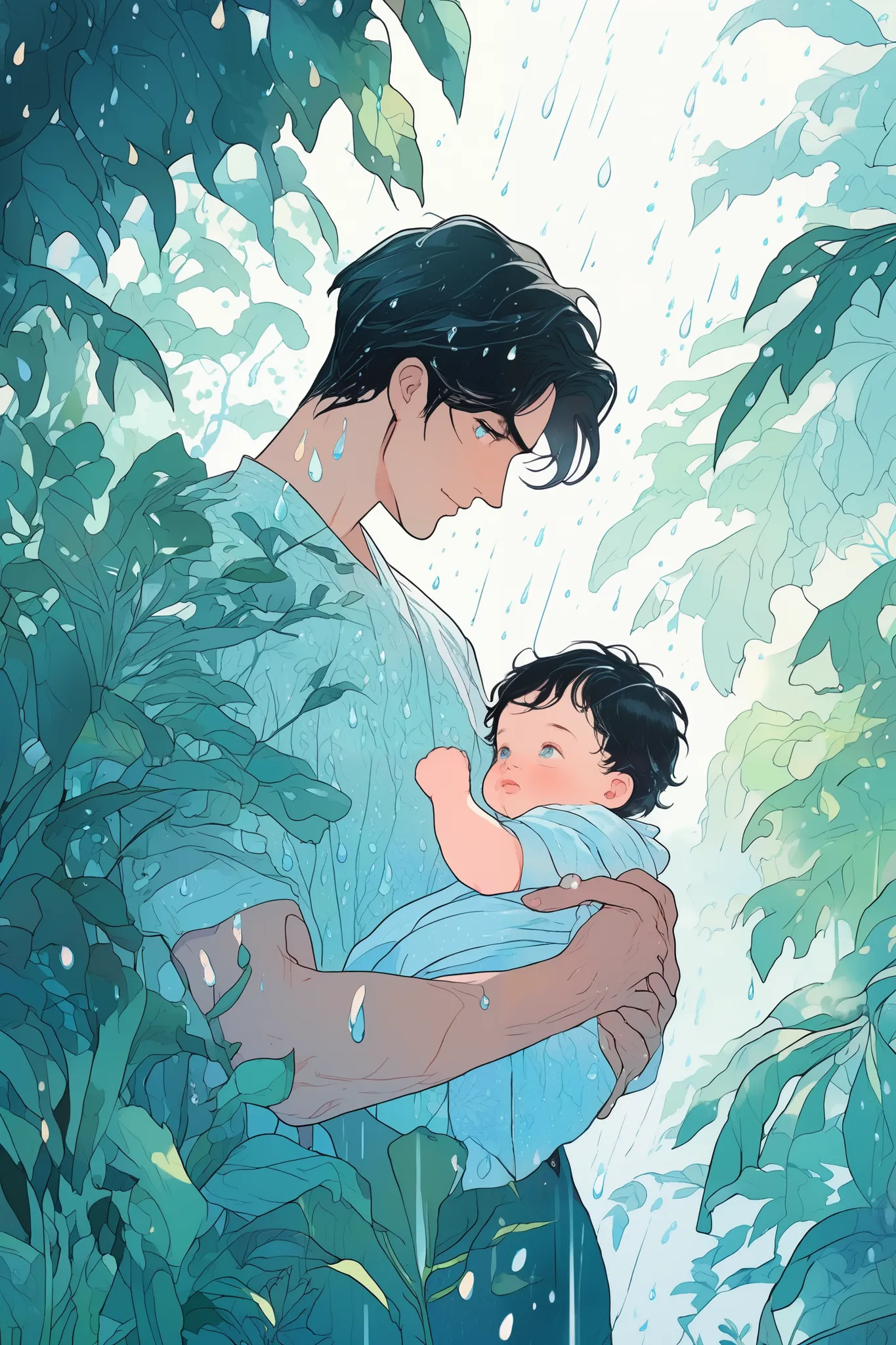 (handsome guy),  a young man, black hair, blue eyes, holding a baby in his arms. atmosphere , greenery in the background,  bright pattern , the raindrops, complex light,  pastel shades , modern, (((Detailed drawing)))