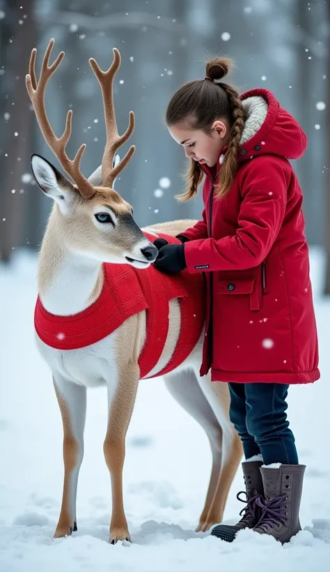 **Prompt:**  
*The young woman carefully wraps red bandages around the white deer's back and belly, covering its wounds with precision and care. The vibrant red bandages create a striking contrast against the deer's soft white fur, symbolizing protection a...