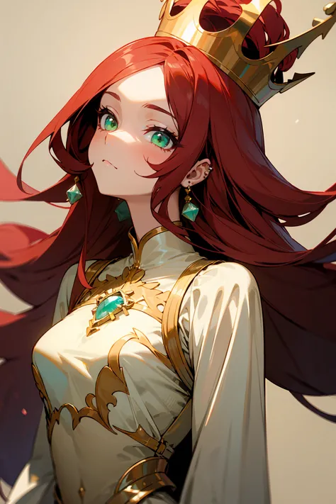 1female , Crown , Long Jeweled Dress , Ballroom Background , Detailed Background, Flowing Red Hair with a calm expression and piercing green eyes , Masterpiece Quality