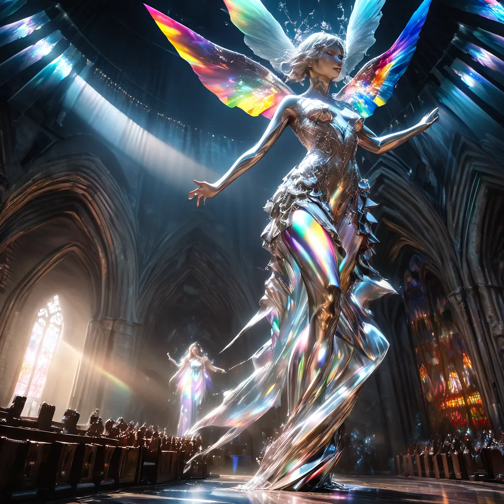  pearl , Beautiful angel, conceptual installation art,  lots of transparent iridescent spirit fairies made of stained glass, Church with fluttering lights, Contrast, wearing lace dresses, (Ultra High Definition, Absolute Determination, best quality:1.3), 2...