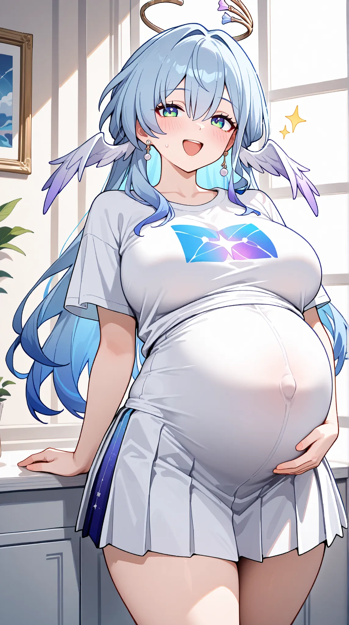 1 girl, solo, long hair, large breasts, looking at viewer, blush, blue eyes,  hair between eyes, thighs,  green eyes, blue hair, cowboy shot, earrings,  head wings, robin (honkai: star rail), white skirt,pleated skirt,navel,front view,laughing,round face,d...