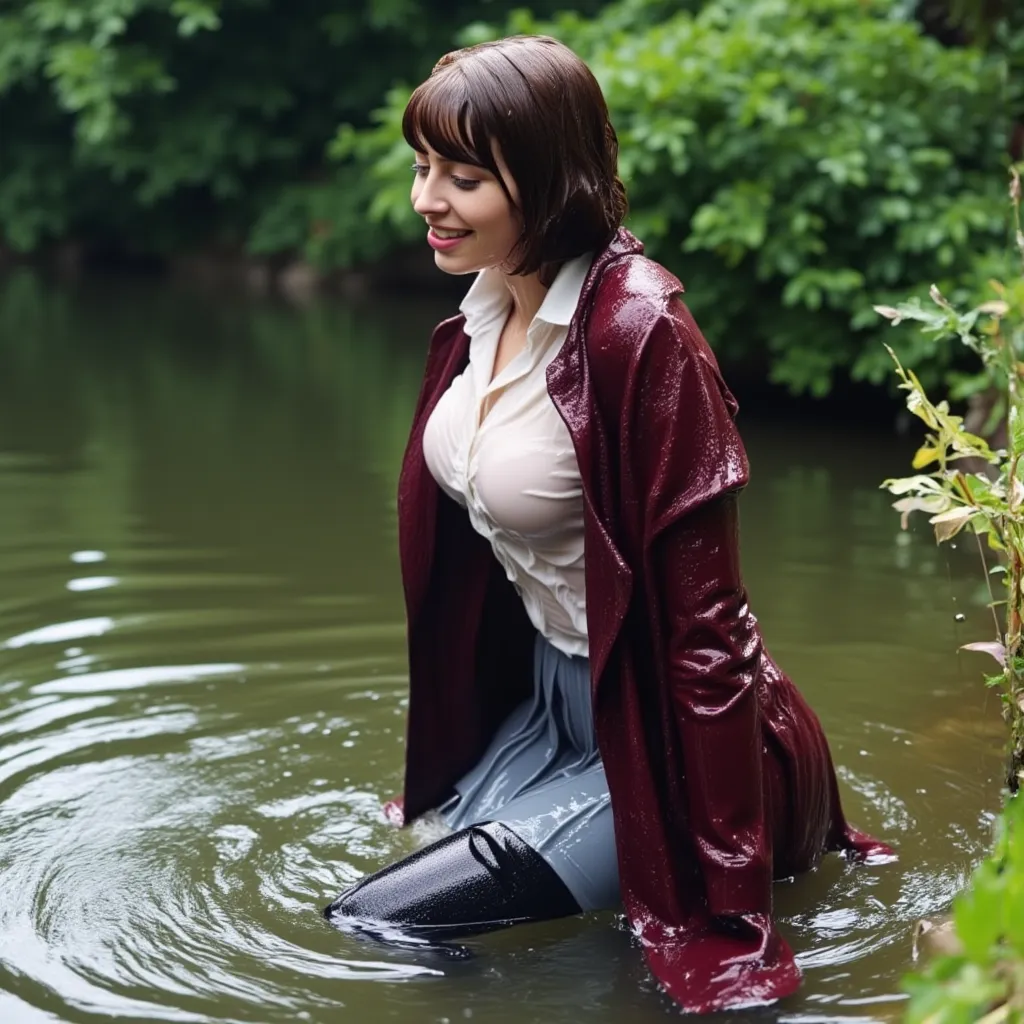  Profile Photos. Cheeky beautiful 18 year old student, (bob haircut)  she decided to swim in the pond fully dressed. wearing a white blouse, long burgundy cashmere coat, grey pleated skirt,  dark tights , boots,  worn , the coat sits unbuttoned in the wate...