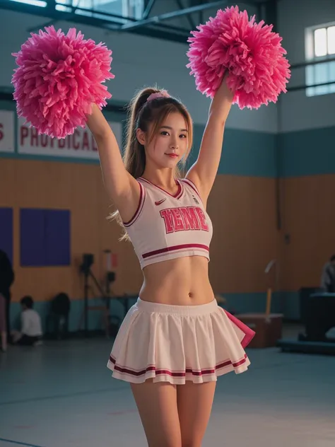 ((cheerleader))、Cheer Dance、raise your arms and show your sides、cheerleader衣装、Flower Ball、Pom-pom、 background gymnasium 、20 years old、woman, cute、super detailed,(((realistic, photo realistic, photo-realistic:1.37))), high definition ,超 high definition , St...