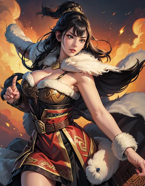 4K, High definition,  Koei Three Kingdoms style, 1 female, sexy expression, huge boobs, wide hips in the country, thick thighs, slim waist, 서서 and look straight ahead. and look straight ahead, black hair, long hair,  straight bangs , straight bangs,  black...