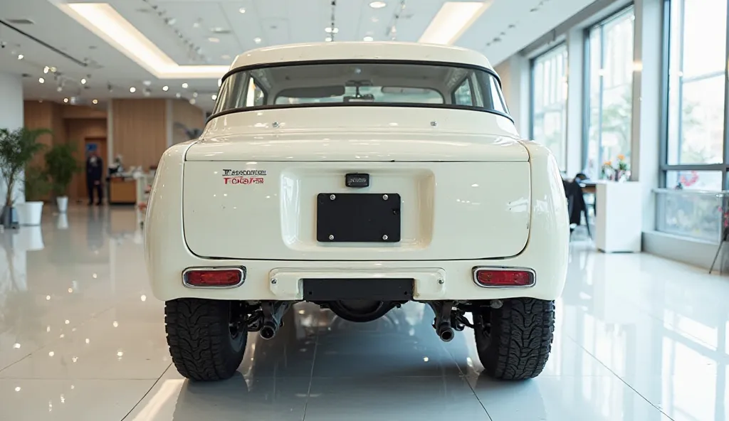 ."Back  center) view of painted (Gleamy creamy (white) shiny  ( white) clour  New (old model  Toyota fj40  jeep )in large shape sedan in large size with  (old model Toyota fj40 jeep  large detailed grille in shiny white clour with angular sporty design cap...