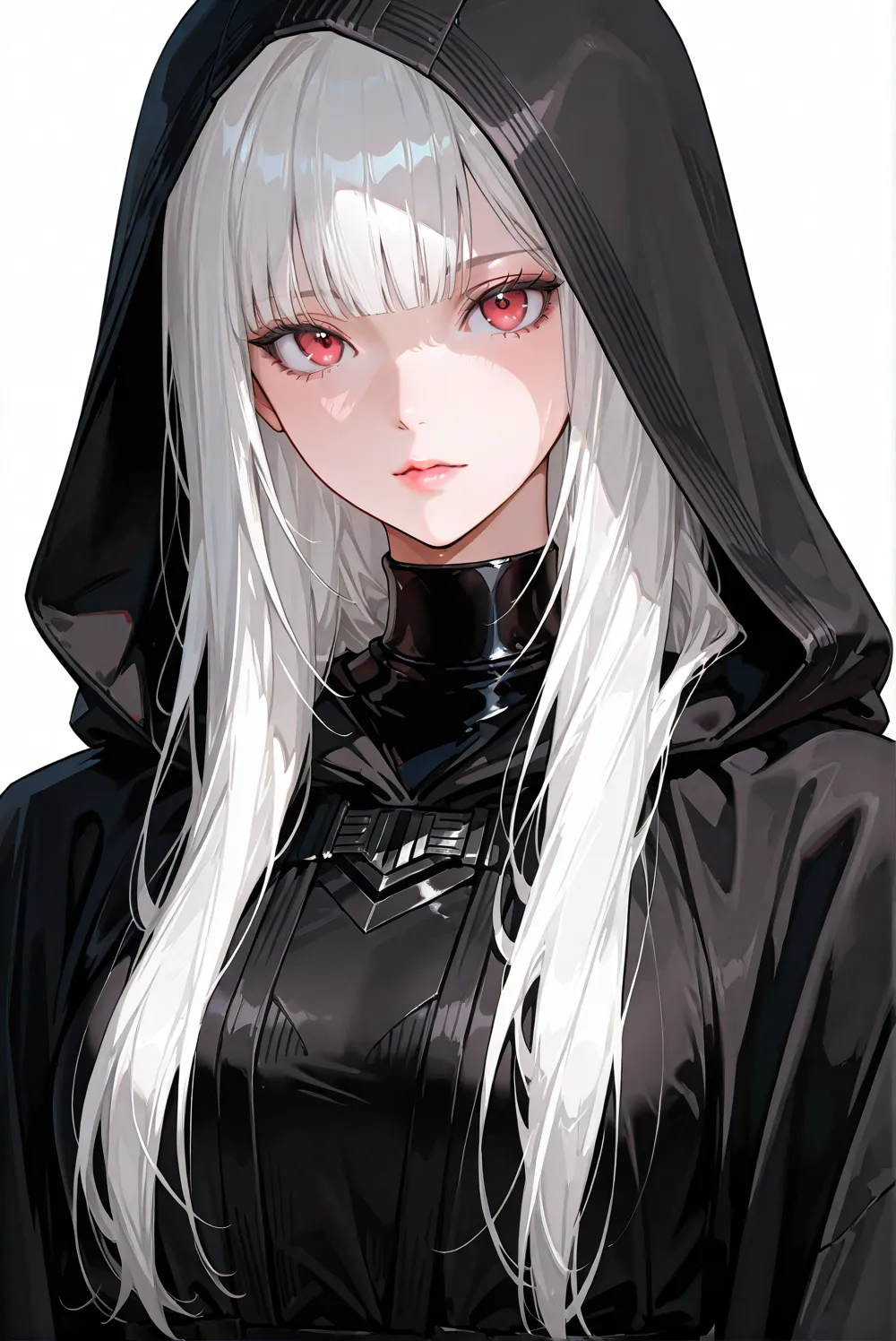 Top quality, High detail, smooth skin, 8k, Beautiful appearance,masterpiece,{{1girl}},white hair,red eyes,long hair,straight hair,Star Wars Sith Robe,black robe,standing,form,{{simple background}},{{white background}},standing,anime,upper body,face forcus,...