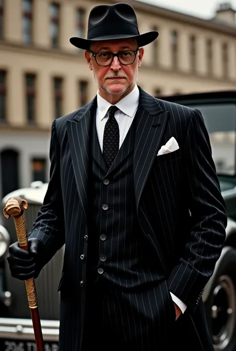 American gangster, in a black suit with thin white stripes, 30s style, black hat with a wide brim, a cane with a handle in the form of a monkey's head, against the background of an old building car, close-up to the waist