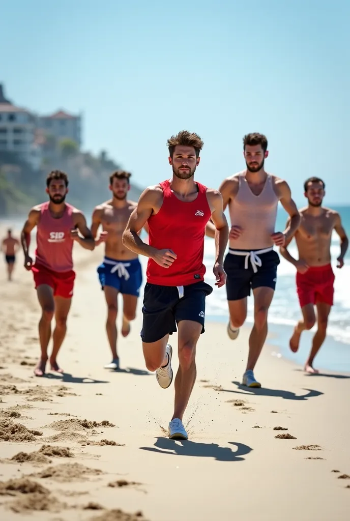 À de la plage, cinq jeunes hommes sportifs  de dos, en sueur et  ASICS sales, courent et piétinent les serviettes de plage posées par terre devant eux. Les pieds sur les serviettes froissées et chiffonnées.