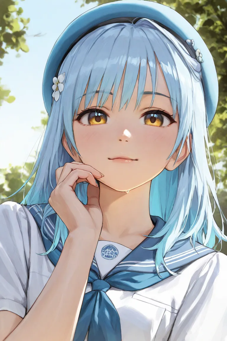 girl with short light blue hair wearing a beret