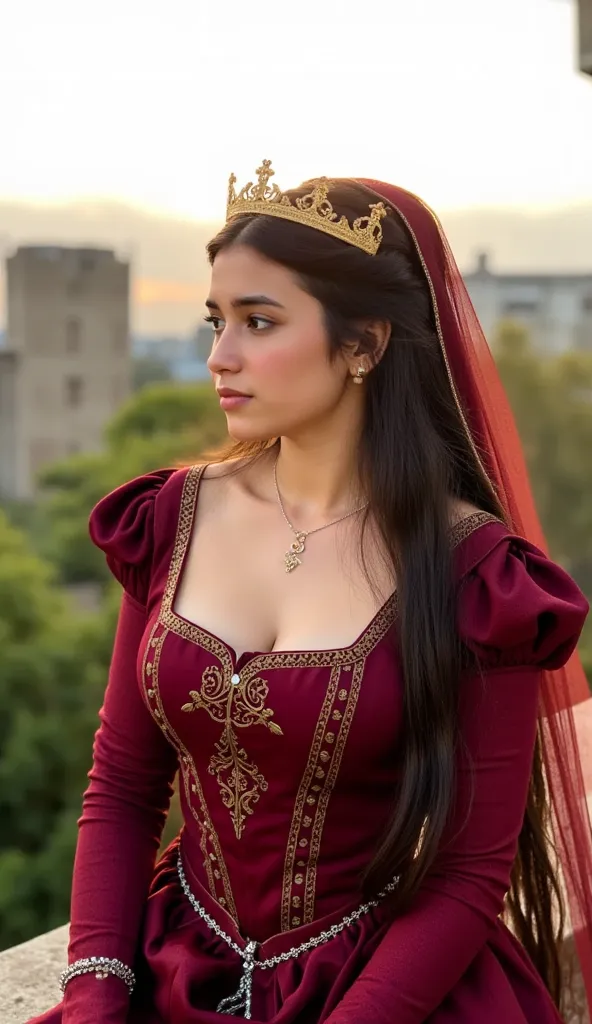 Gorgeous and sultry busty athletic (thin) brunette queen with sharp facial features wearing a modest updo, dark red medieval dress, long sleeves, intricate patterns, scrollwork, wide neck, crown, veil, long dress, modest dress, tight bodice, silver belt, (...