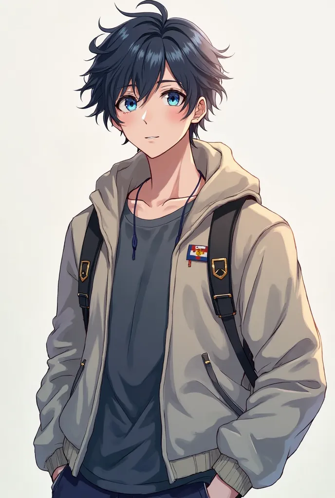 A self-confidence、dark haired and blue-eyed、Male about 167 cm tall，Wear simple and capable clothes，Slightly curled hair，The grade is young， drawn in anime style 