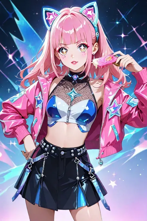 An anime-style girl with long, vibrant pink hair and straight bangs. Her large, sparkling eyes and bold fashion-forward makeup give her a striking appearance. She wears a metallic pink jacket with futuristic details and has long, stylishly decorated nails....