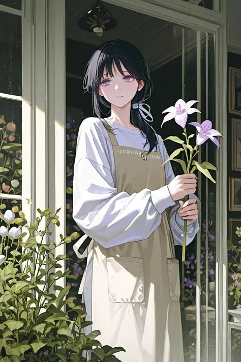 A young man with long black hair tied to the left side of their shoulder, has a purple eyes, warning a white long sleeve shirt with an apron, standing in a glass house filled with flowers, watering an orchid flower, sketchy, dream aesthetic.