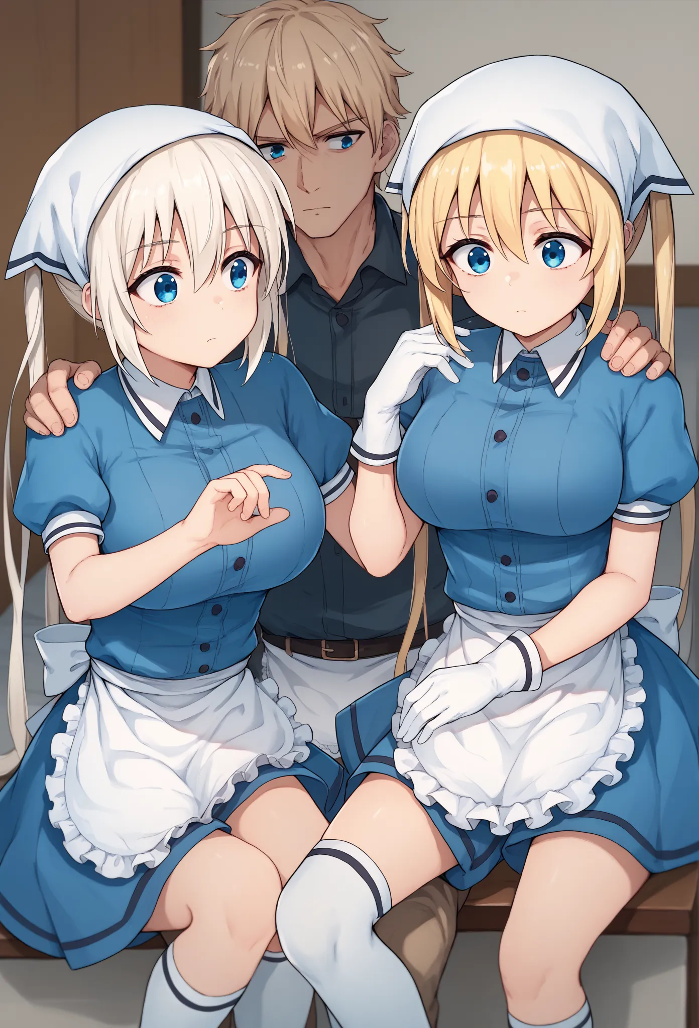  score_9,  score_7_up, subjective doorways if you look inside, 1 girl, 1 boy, watching viewers,   Place your hand on your partner's shoulder,     Kaede Kojika , blond hair, low twin tails, Blue Eyes,  White head scarf  , blue dress, short sleeve, waist apr...