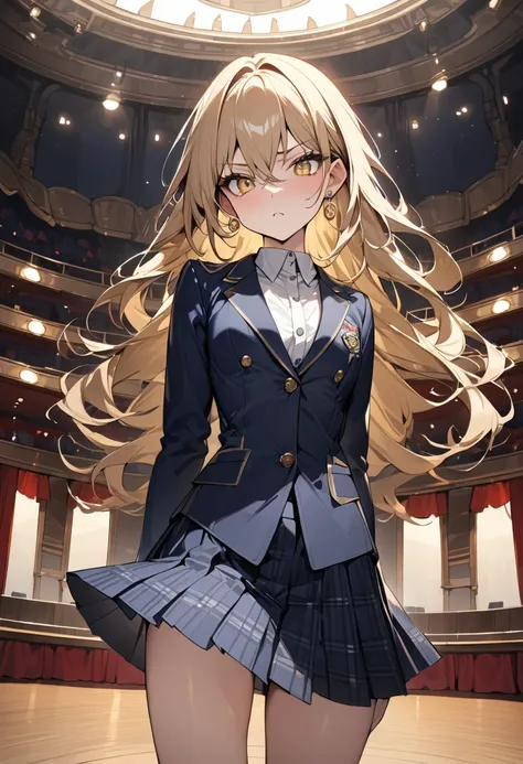 ((Greatest Masterpiece,Ultra High Quality:1.2)),(super resolution),(solo),cowboy shot,opera house,Slender, small-breasted high school girl standing on a stage,beautiful face, long golden hair,perfect golden eyes, serious expression, high quality dark blue ...