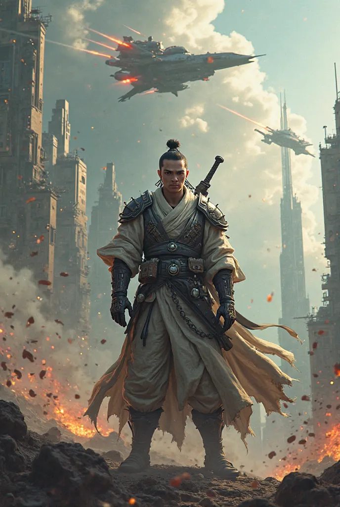 Hyperrealistic image of a futuristic oriental warrior with a firearm in his hand, setting apocalyptic futuristic city in the sky, spaceships shooting lasers in the city