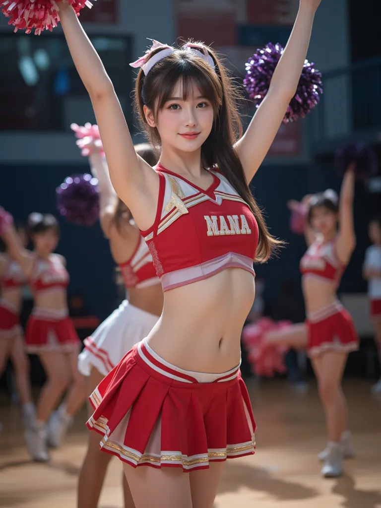 ((cheerleader))、Cheer Dance、(( Wakino))、raise your arms and show your sides、cheerleader衣装、Flower Ball、Pom-pom、 background gymnasium 、20 years old、woman, cute、super detailed,(((realistic, photo realistic, photo-realistic:1.37))), high definition ,超 high def...