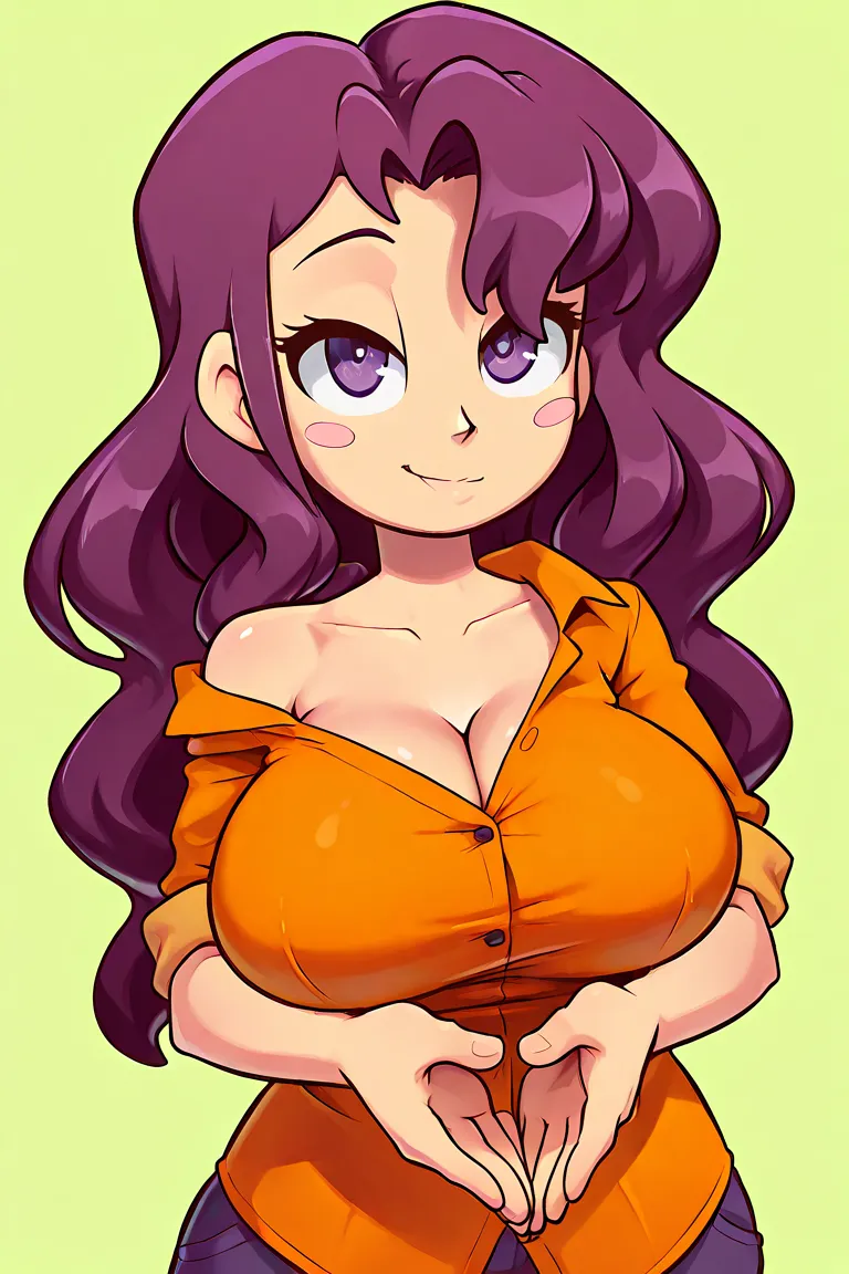 chica, Caucasian,  thin,  purple eyes, rough and sexy look , big breasts, long wavy hair, Dark redhead. orange shirt. He has a lot of correspondence in his hands and he reads. Crear stickers. green background.