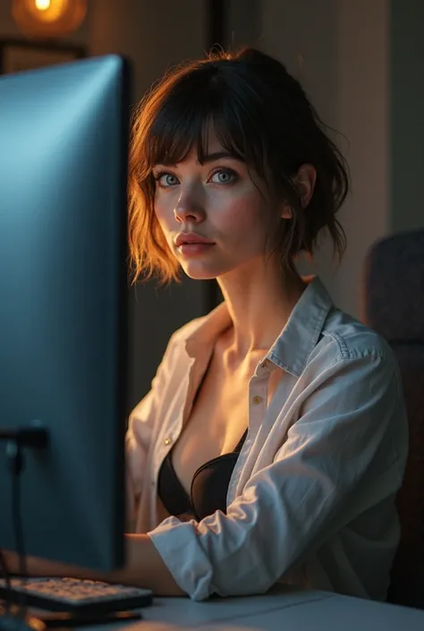 A caucasian girl with short hair, blue eyes, Nose , and lips ,  wears unbottoned shirt  , black bra  sitting in her office  ,   using her computer  , hp computer  ( best quality,4K ,8k ,high resolution,masterpiece:1.2),ultra-detailed,(realistic,Photorealis...