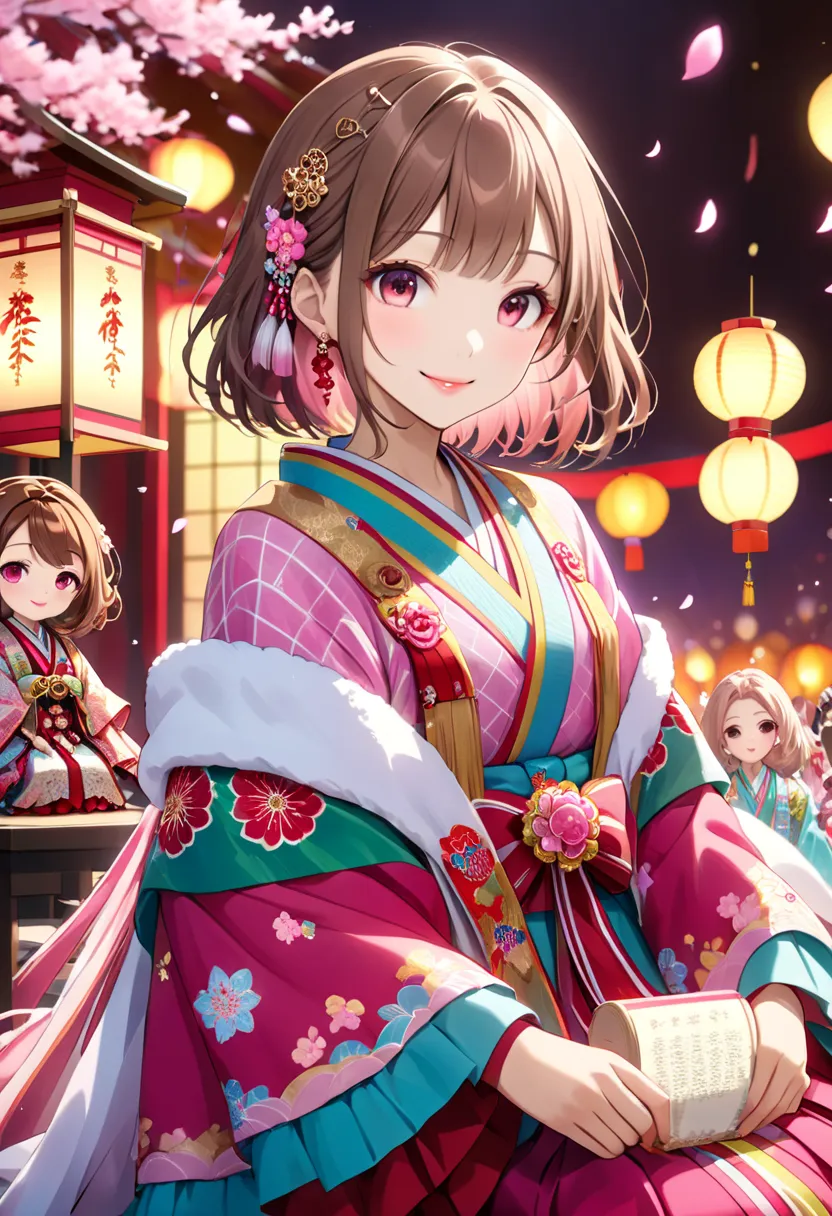 A highly detailed Dreamy anime-style illustration of a beautiful and elegant Hina Matsuri (Doll Festival) cute princess, 
(adorable and elegant 20-years old girl:1.3), (soft rounded bob-cut chestnut brown hair:1.3), (gentle curls at hair ends:1.2),(vibrant...