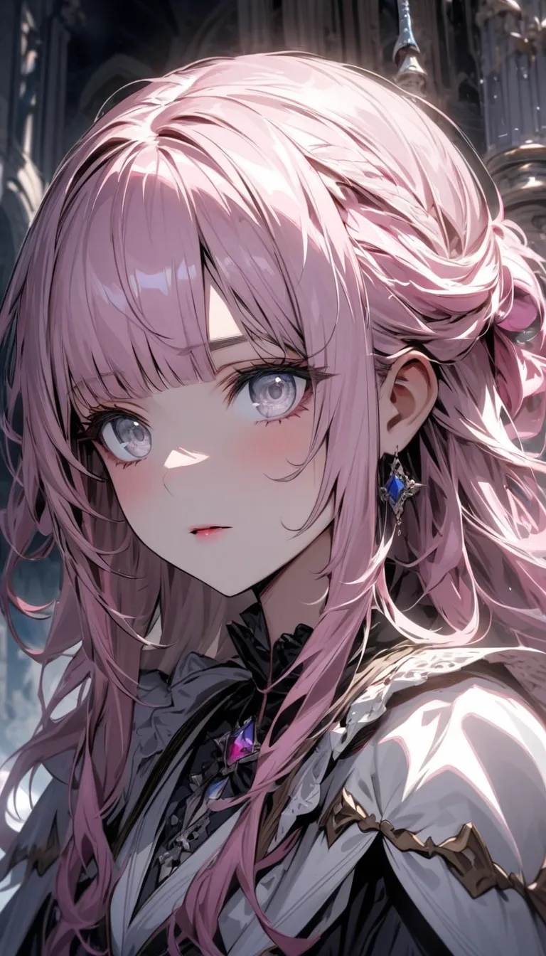 Ultra detailed, HDR, Highres, absurdres, master piece, beautiful young woman, princess, short light pinkhair,  bangs, white eyes, fair complexion. Make up. Solo. gloomy. 