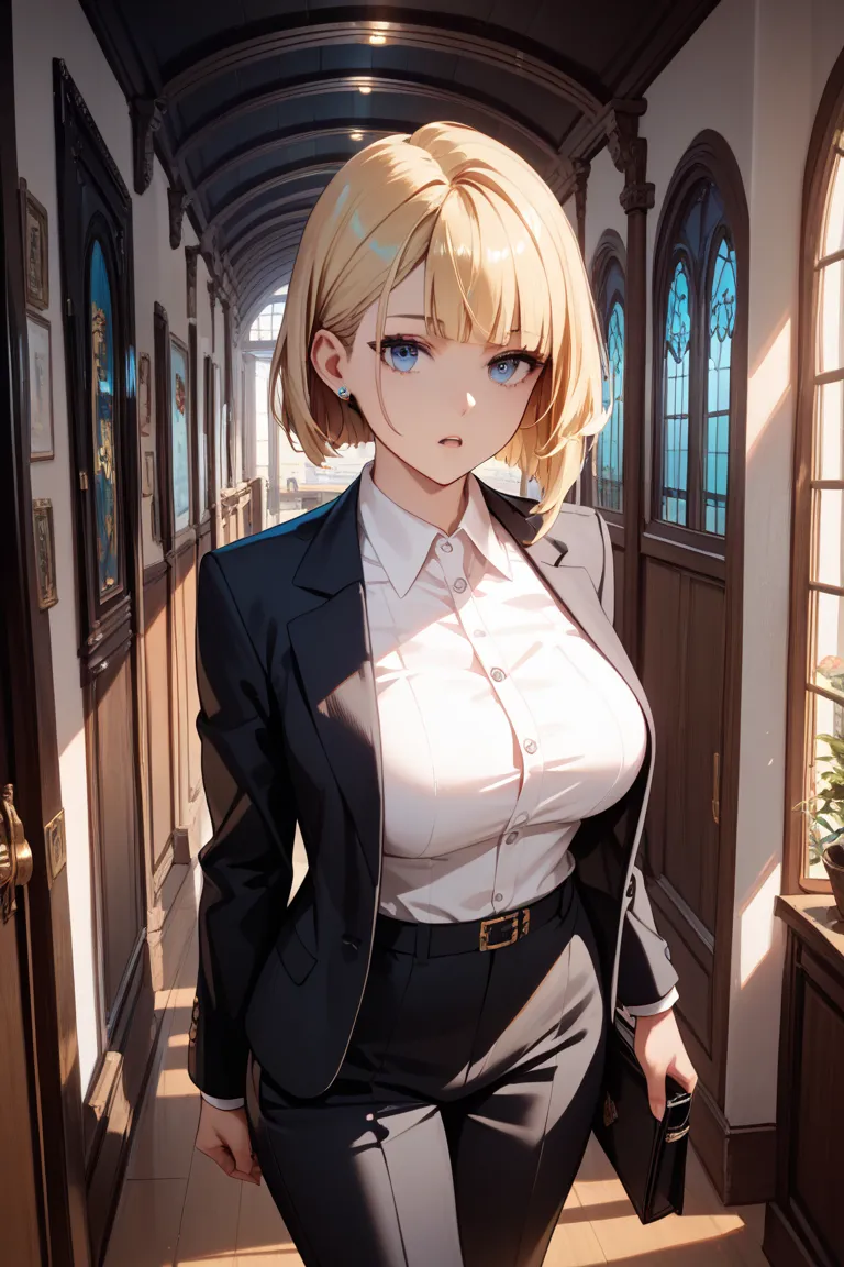 (masterpiece, best quality, ultra-detailed, 8K resolution: 1.2), Woman, corridor, voluptuous,(black business suit:1.2),tube top, expressionless,blue eyes,side parted hairstyle,blonde hair,asymmetrical bob hair,open mouth, standing