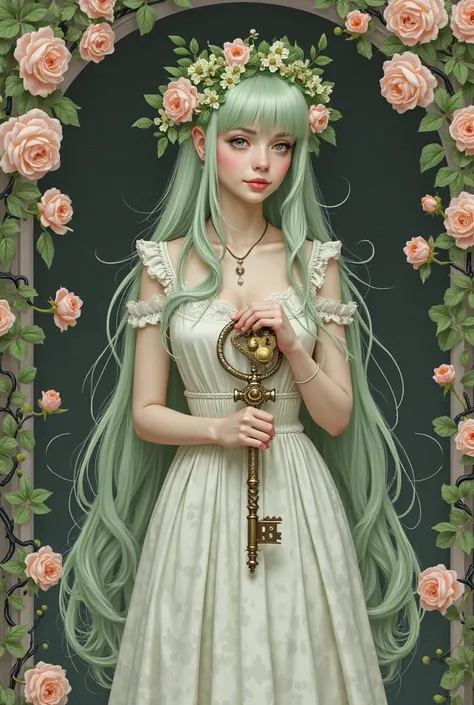 A light green long-haired woman dressed in a knee-length white skirt with a crown of green flowers around her head, holding a key with a forged flower with a nut, in a pale pink rose garden with a black vine.