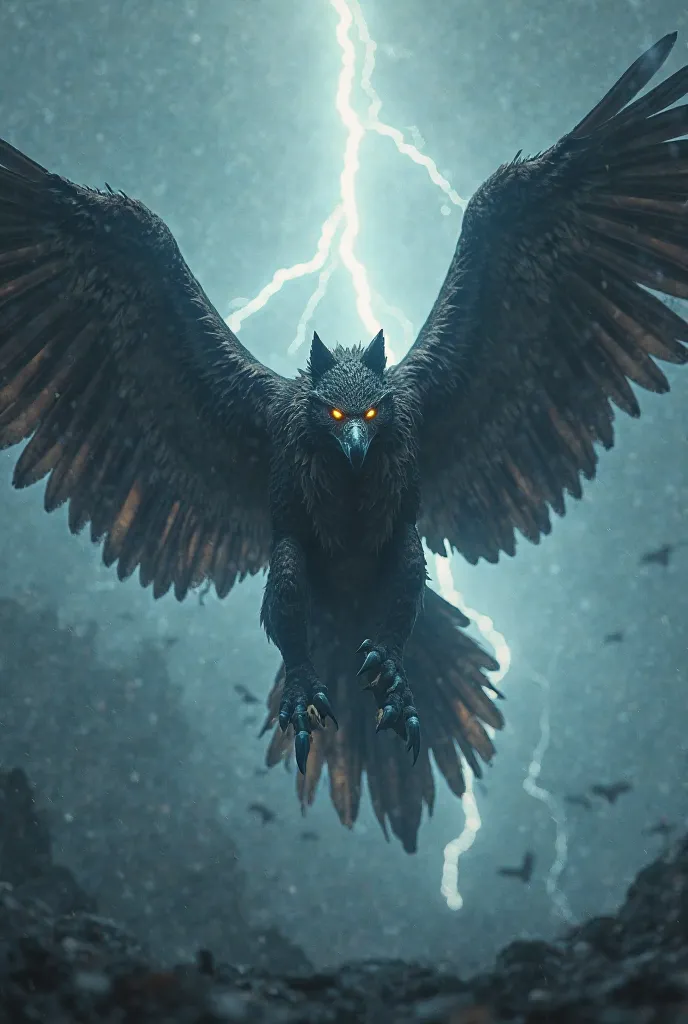 A hybrid beast with the body of a wolf and massive eagle wings soars through a thunderstorm. Lightning flashes in the background as it spreads its wings, revealing sharp talons and glowing eyes. The shot is dramatic and cinematic