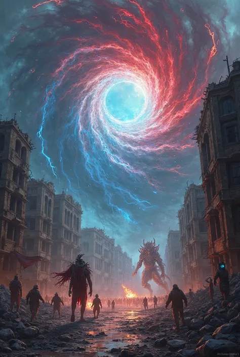 a portal to another dimension, beasts are pouring out from that portal, the portal colour is red and blue light, located in the city ruin