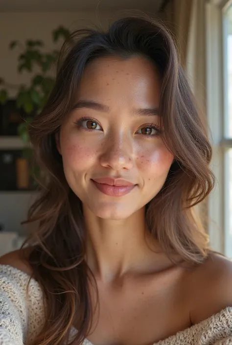 *"A highly detailed and realistic selfie of a young woman in her late 20s, of [predicted ethnicity], taken in natural daylight. She has a soft, oval-shaped face with high cheekbones, a slightly pointed chin, and a delicate but well-defined jawline. Her ski...