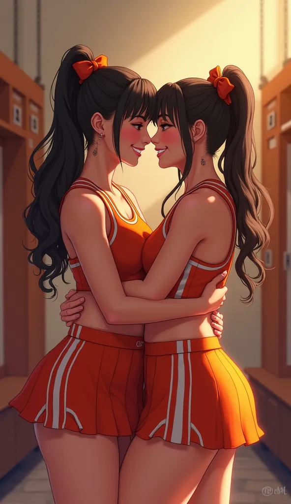 A group of cheerleaders , stands in the locker room , cuddle , micro skirt