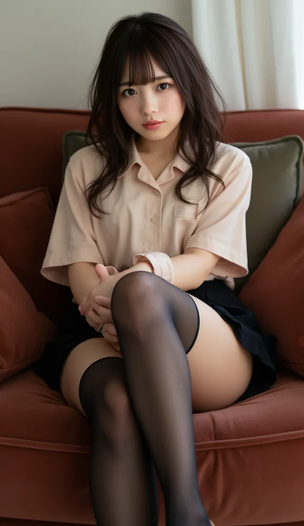 (masterpiece、best image quality、Photorealistic)、 cute Japanese girl、1 person、((miniskirt、Wearing black pantyhose))、sit on the sofa