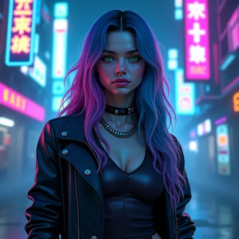 Ultra-realistic portrait of a cyberpunk woman named Nyx Synth, with pale skin and a subtle metallic sheen. Long, wavy hair blending neon blue and vibrant pink tones. Her eyes glow in a phosphorescent green, reflecting the futuristic city signs in the backg...