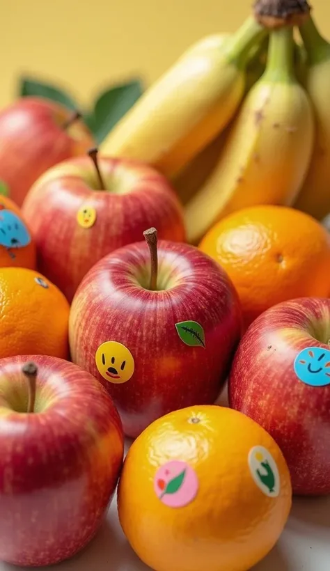  Close-up shot of apples, oranges, and bananas with stickers.