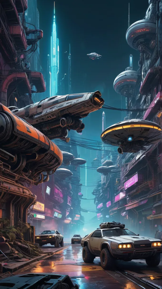 a drawing of street with flying scifi cars flying in front, remnants of old spaceship, broken pipes, tiny spaceship, 2020 video game screenshot, cyberpunk art,a detailed drawing, underground comix, hyper detailed background, detailed cyberpunk illustration...