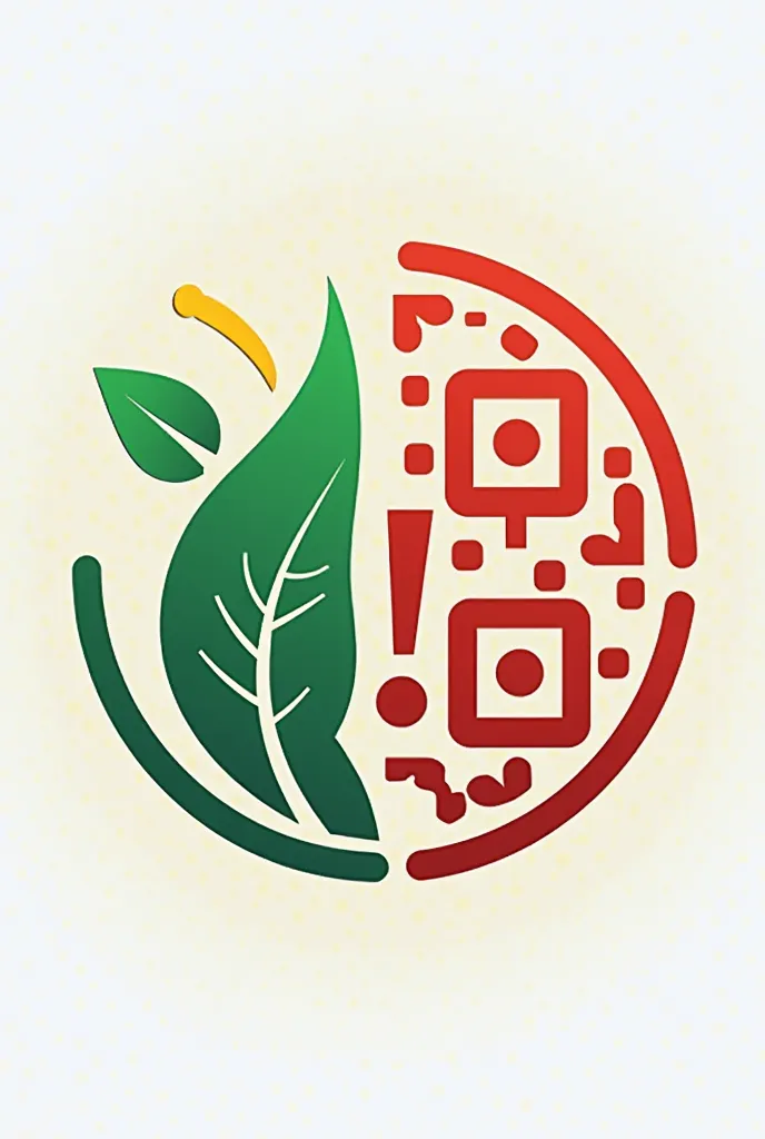 A circular logo with a QR code inside, split diagonally into green and red halves, featuring a leaf and exclamation mark, with yellow scanning arcs emerging from the center, minimalist and modern style