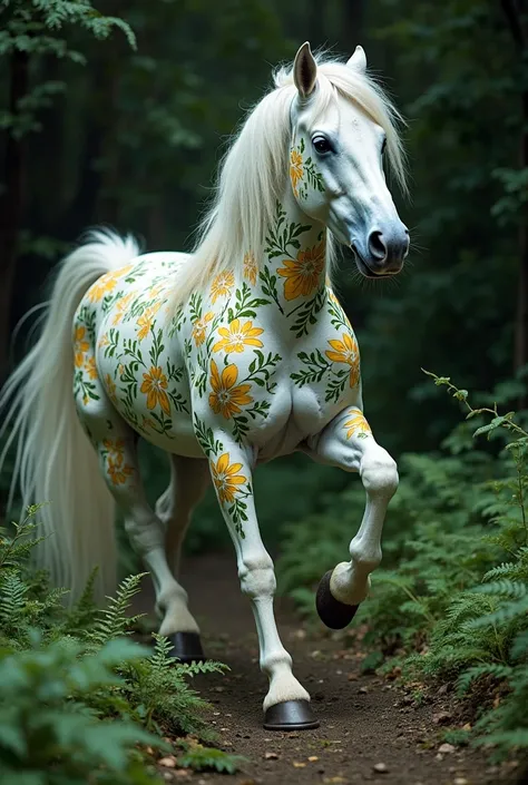 The image shows a white horse, which stands out against the dark forest. The horse moves with grace, effect creating a feeling of free and easy movement. The main background color is deep green, which gives the scene an atmosphere of mystery and tranquilit...