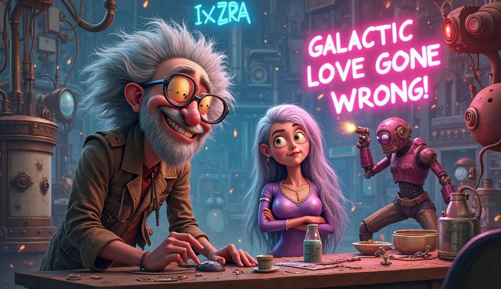 A wild-haired, eccentric scientist with oversized round glasses (Professor Klaus Wunderlich) grins mischievously in his chaotic, steampunk-style laboratory filled with bizarre gadgets, wires, and glowing machines. Next to him, a stunning alien woman (Zyra ...