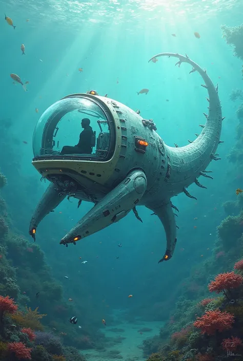 It represents a plesiosaur-shaped underwater vehicle driven by a pilot inside a glass bell