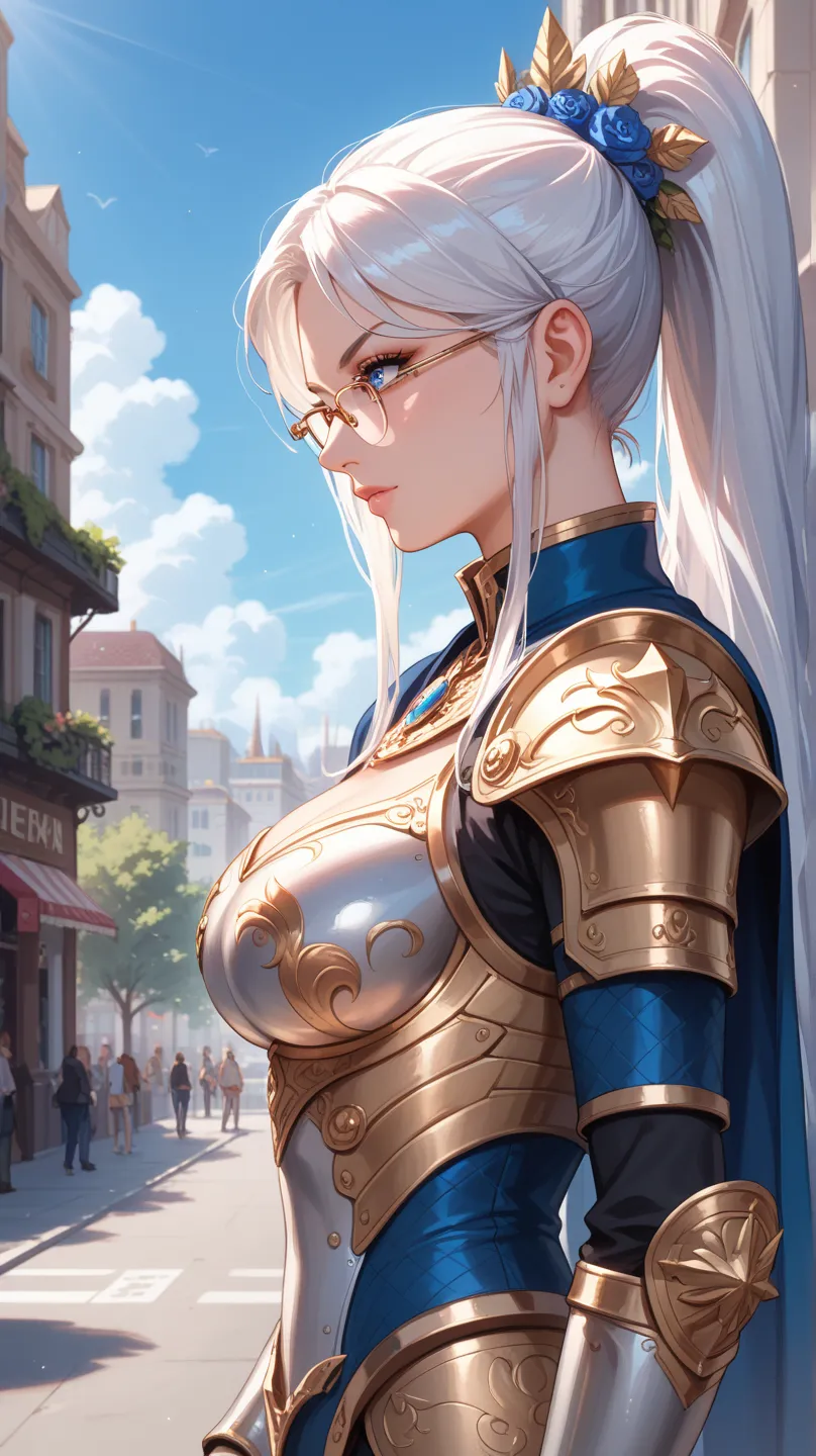 A digital illustration shoot from a profile camera angle about a fantasy character in ornate armor with blue accents, standing confidently in a city street. the image also shows a young woman with pale skin, long white hair tied in a high ponytail, and blu...