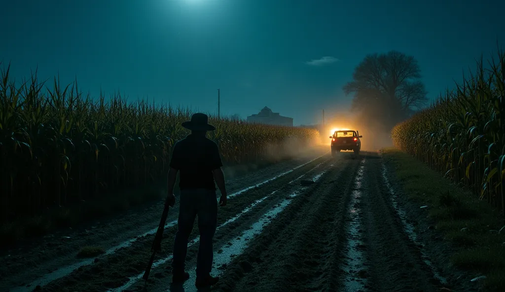 A chaotic scene of a cornfield at night, torn apart by tire tracks from a fleeing pickup truck, its headlights fading into the distance. A farmer stands in the wreckage, shotgun still smoking from a missed shot. In the background, an abandoned truck glows ...