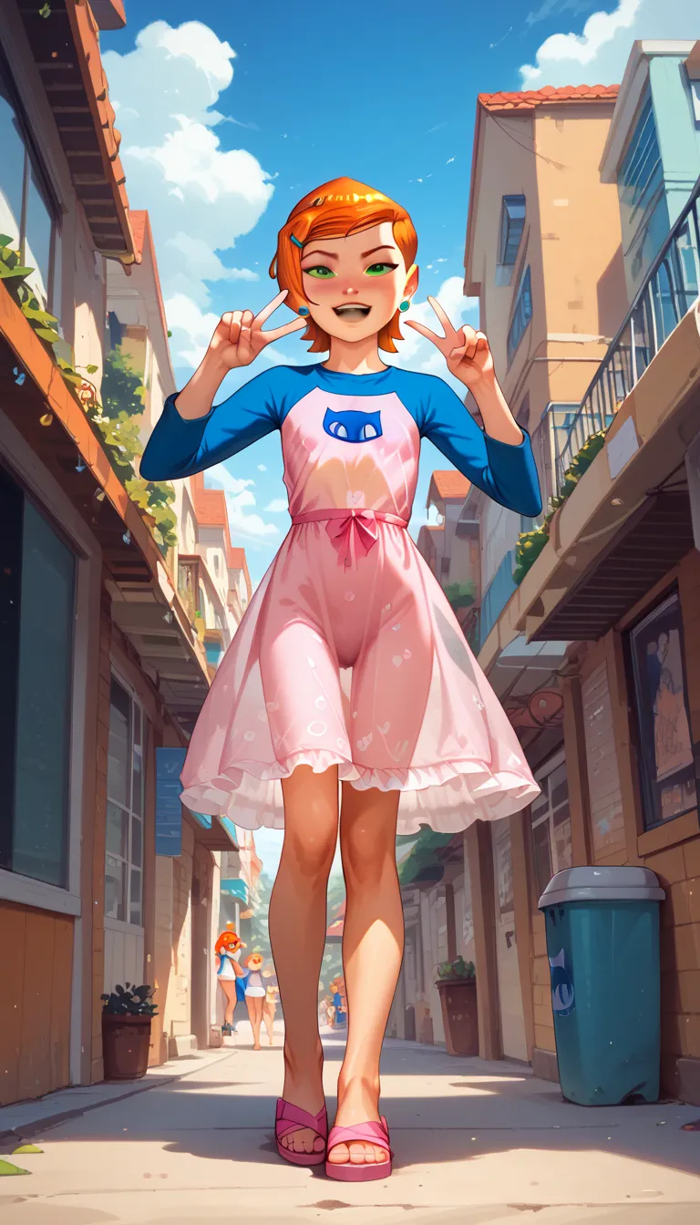 small girl, gwen tennyson (/Ben10)/,(ultra HD quality details), bright orange hair, short hair, (green eyes), flat chested, white and pink transparent dress, ,  pink sandals , stands on the sidewalk at the beach,  low angle shot, hands raised, v, v