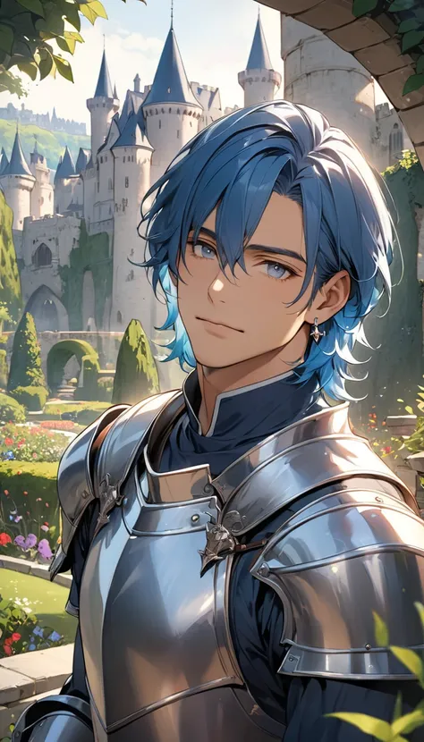 ((Best Quality)), ((masterpiece)), (detailed), Perfect Face, a handsome man in his mid 30s, knight, handsome, long blue hair with bangs, white eyes. tan skin. Earrings.Solo. Castle in background. Garden.  