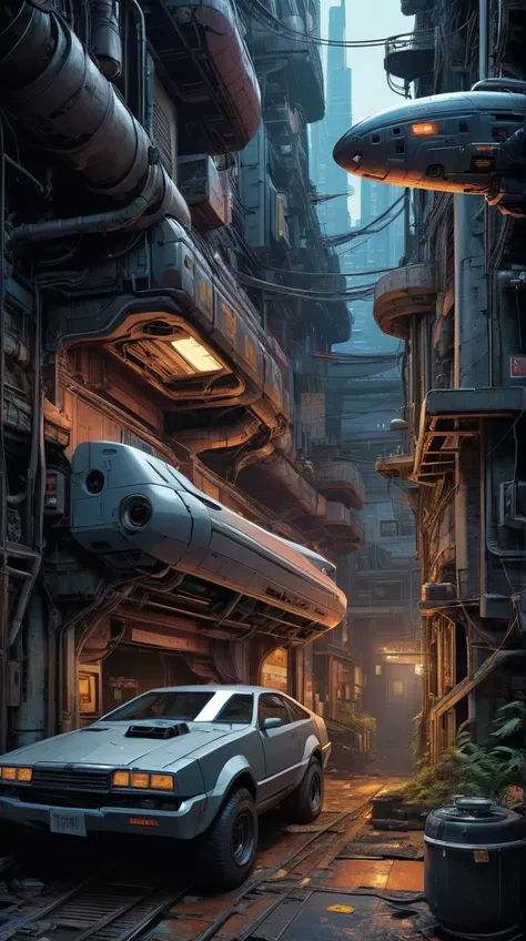 a drawing of street with flying scifi cars flying in front, by Katsuhiro Ôtomo and Masamune Shirow, remnants of old spaceship, an illustration of a bar/lounge, in a dark alley, broken pipes, tiny spaceship, 2020 video game screenshot, gumroad, side - scrol...