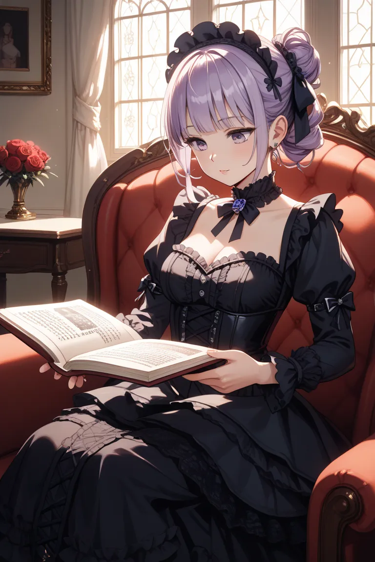 in an elegant house、a girl wearing gothic lolita clothes enjoying quiet reading、Her hair is twin-toned、 Rose、Light purple