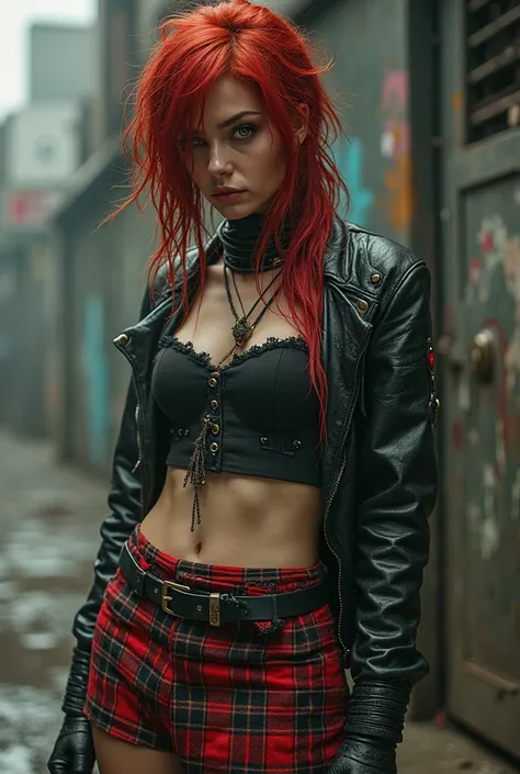 Scarlett hair woman without bangs, grey eyes, grunge outfit with a red plaid skirt