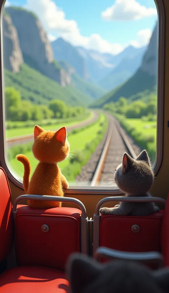 The train starts moving, carrying all the passengers, including the anthropomorphic kitten cat and kitten cat mom, toward their destination. The scenery outside is breathtaking, with green fields, mountains, and rivers passing by as the train gains speed, ...