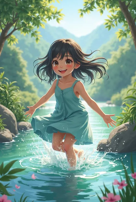 Anime style girl playing in the water 