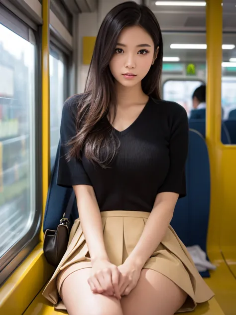 A girl from high school is sitting in a seat on a train on the Tokyo Fukutoshin subway line, ((Her skirt is very short))、I can see your beautiful slim thighs, Her hair is a short bob , She looks at me with raised eyes., beautiful detailed eyes, beautiful d...