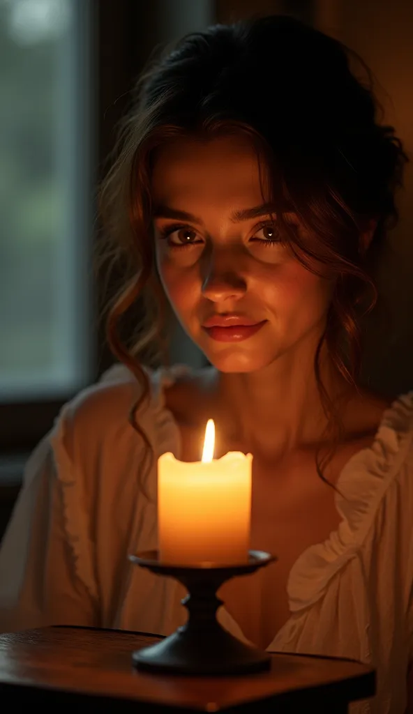 Beautiful candle on the table in an elegant candlestick, what to burn in front of a dark room and a girl admiring the light from a candle. The picture must be aesthetically beautiful 